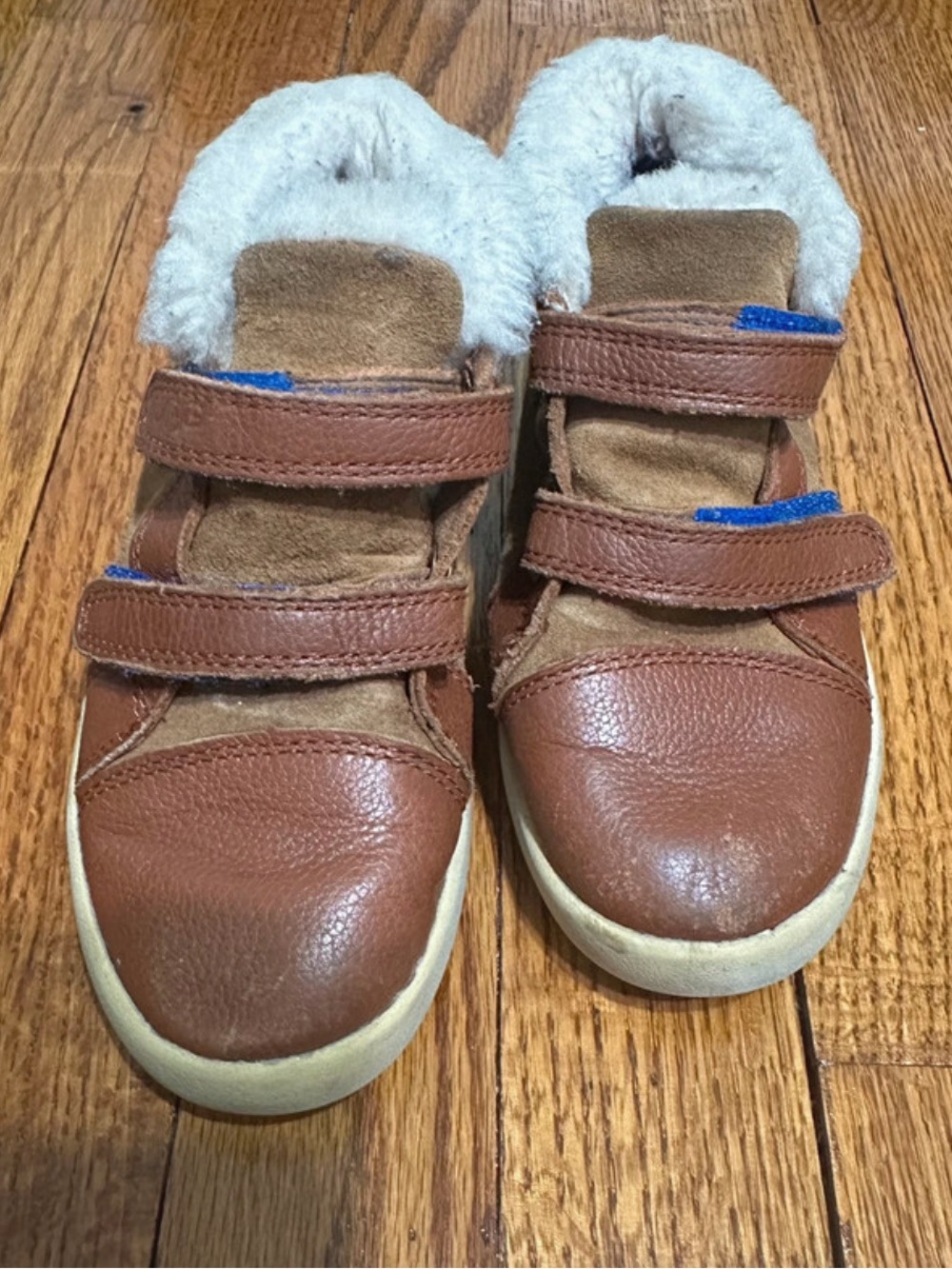 UGG Kids Brown Leather Velcro Slippers with Cream Shearling